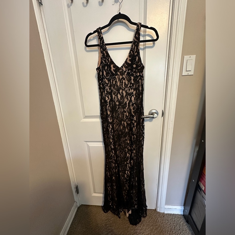 Size 2 Black BCBG Max Azria lace gown with slit, train and nude underlay.